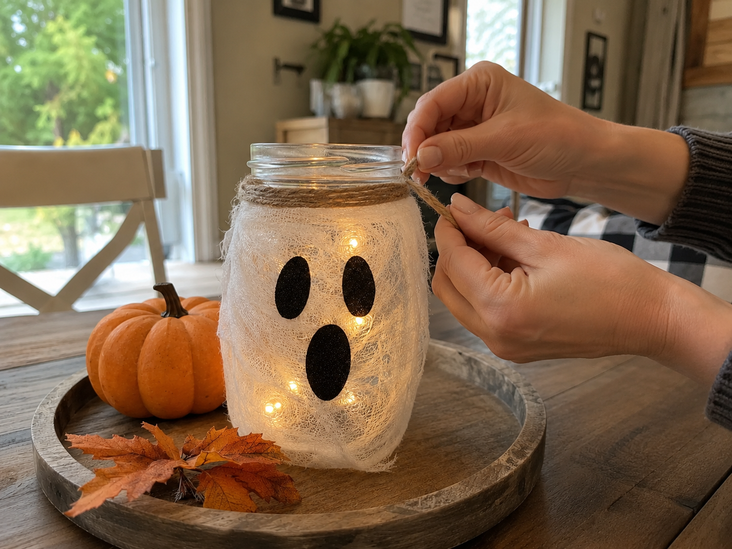 DIY Rustic Ghost Mason Jar Lantern for Cozy Halloween Fall Tables, step 4: Wrap the Jar's Neck