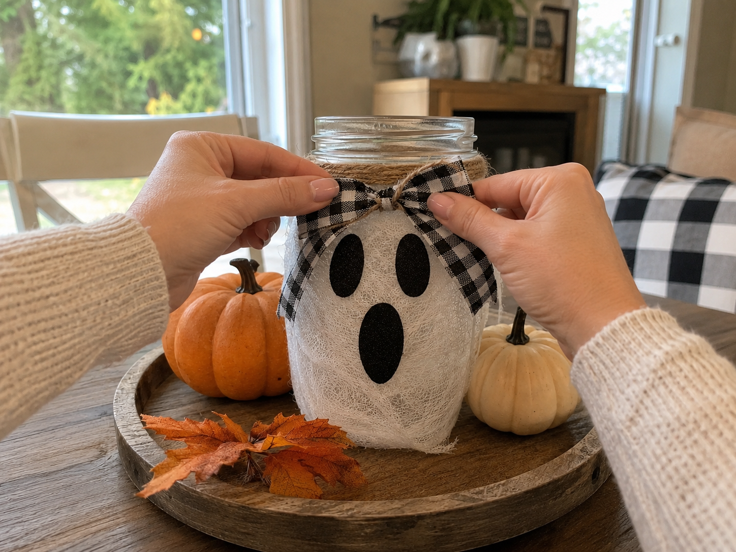 DIY Rustic Ghost Mason Jar Lantern for Cozy Halloween Fall Tables, step 5: Attach the Decorative Bow