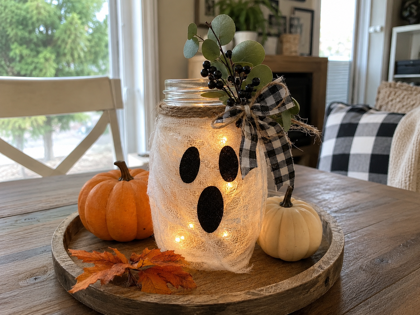 DIY Rustic Ghost Mason Jar Lantern for Cozy Halloween Fall Tables, step 6: Add Greenery Embellishment