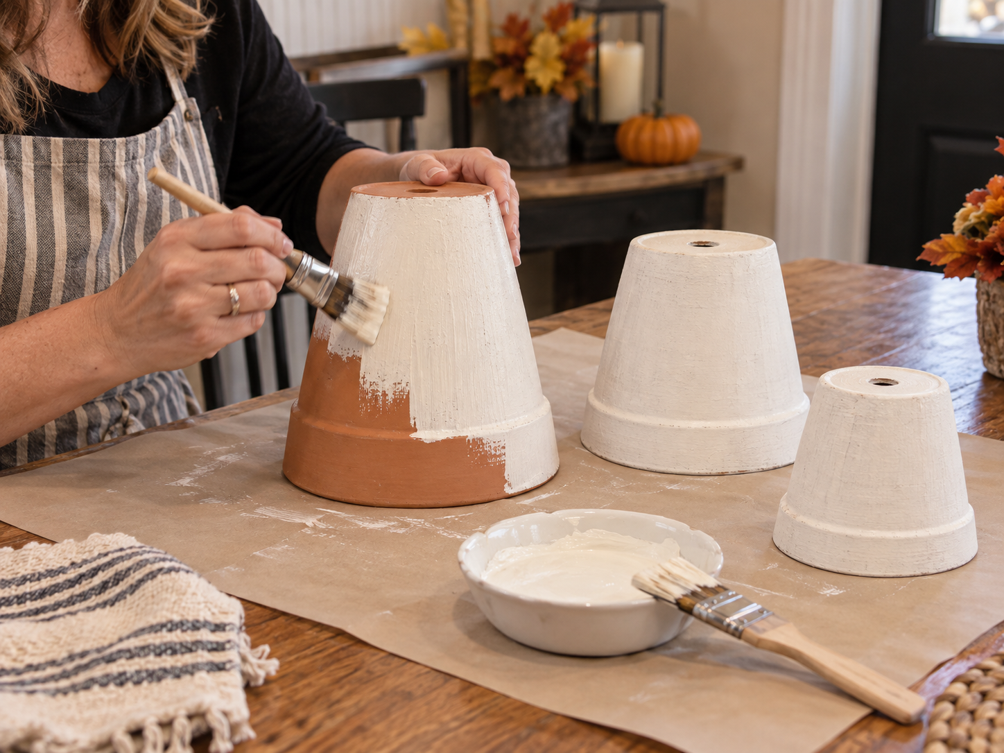 DIY Set of 3 Distressed Terracotta Ghost Pots for Halloween Porch Decor, step 1: Prep & Paint Pots White