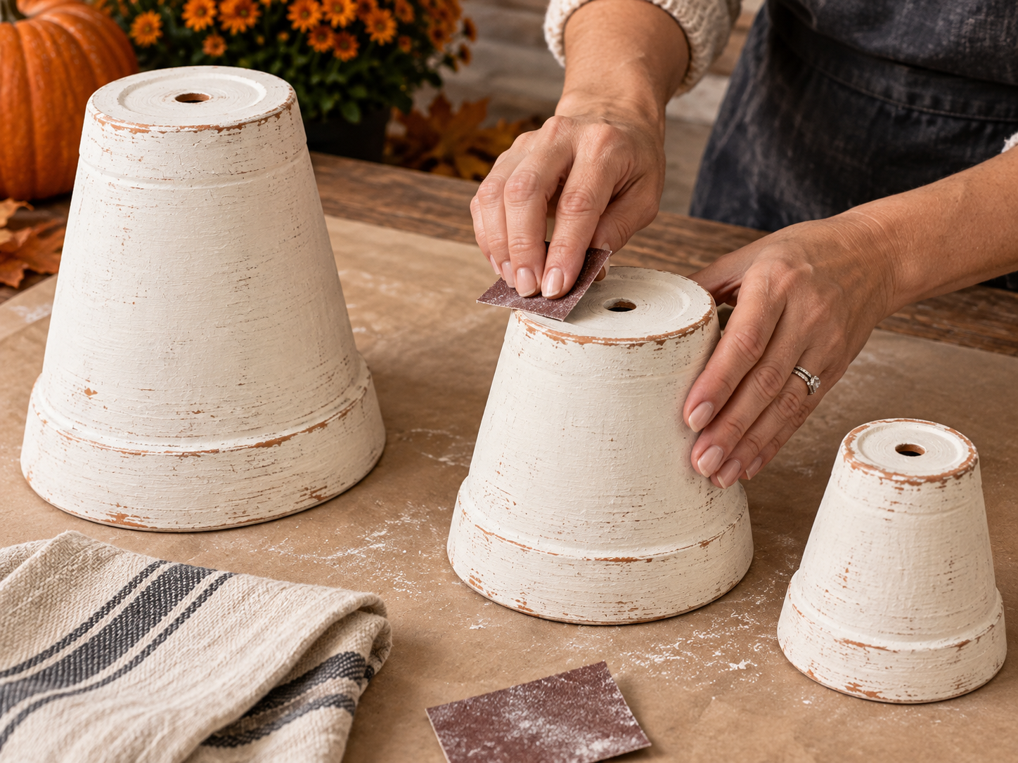 DIY Set of 3 Distressed Terracotta Ghost Pots for Halloween Porch Decor, step 2: Lightly Distress for Farmhouse Look