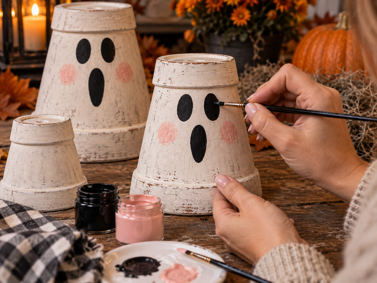 DIY Set of 3 Distressed Terracotta Ghost Pots for Halloween Porch Decor, step 3: Paint Ghost Faces & Cheeks