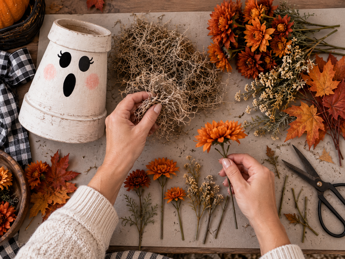 DIY Set of 3 Distressed Terracotta Ghost Pots for Halloween Porch Decor, step 4: Prepare Floral Toppers