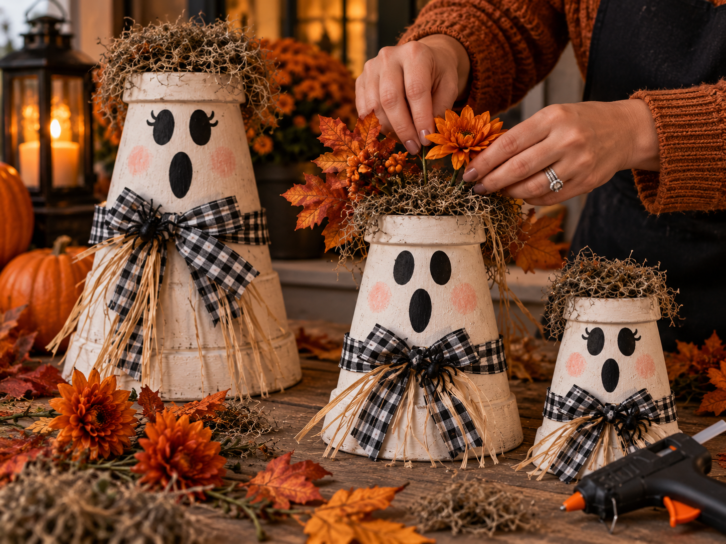 DIY Set of 3 Distressed Terracotta Ghost Pots for Halloween Porch Decor, step 5: Assemble Floral Arrangements