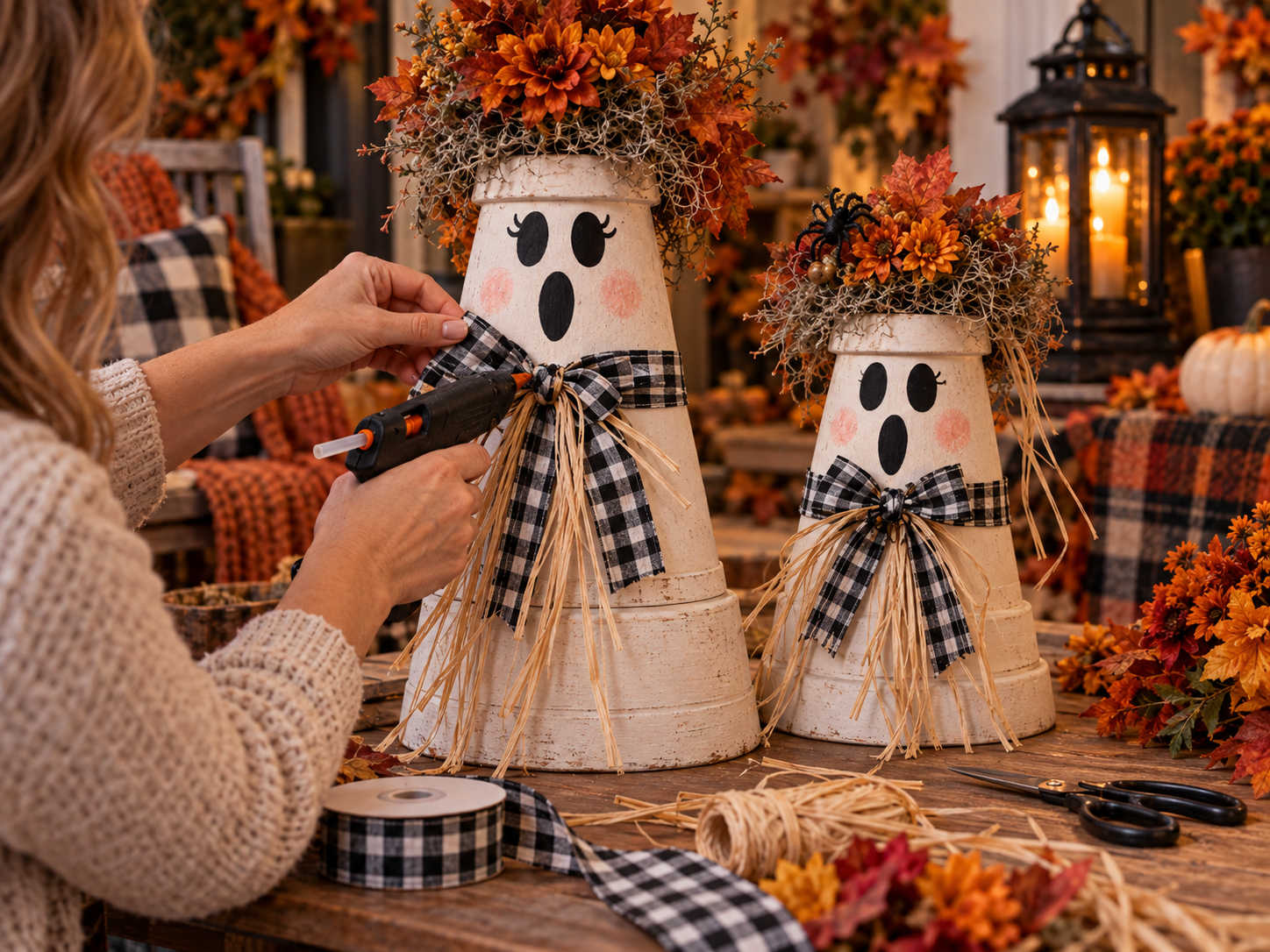 DIY Set of 3 Distressed Terracotta Ghost Pots for Halloween Porch Decor, step 6: Create & Attach Ribbon Bows