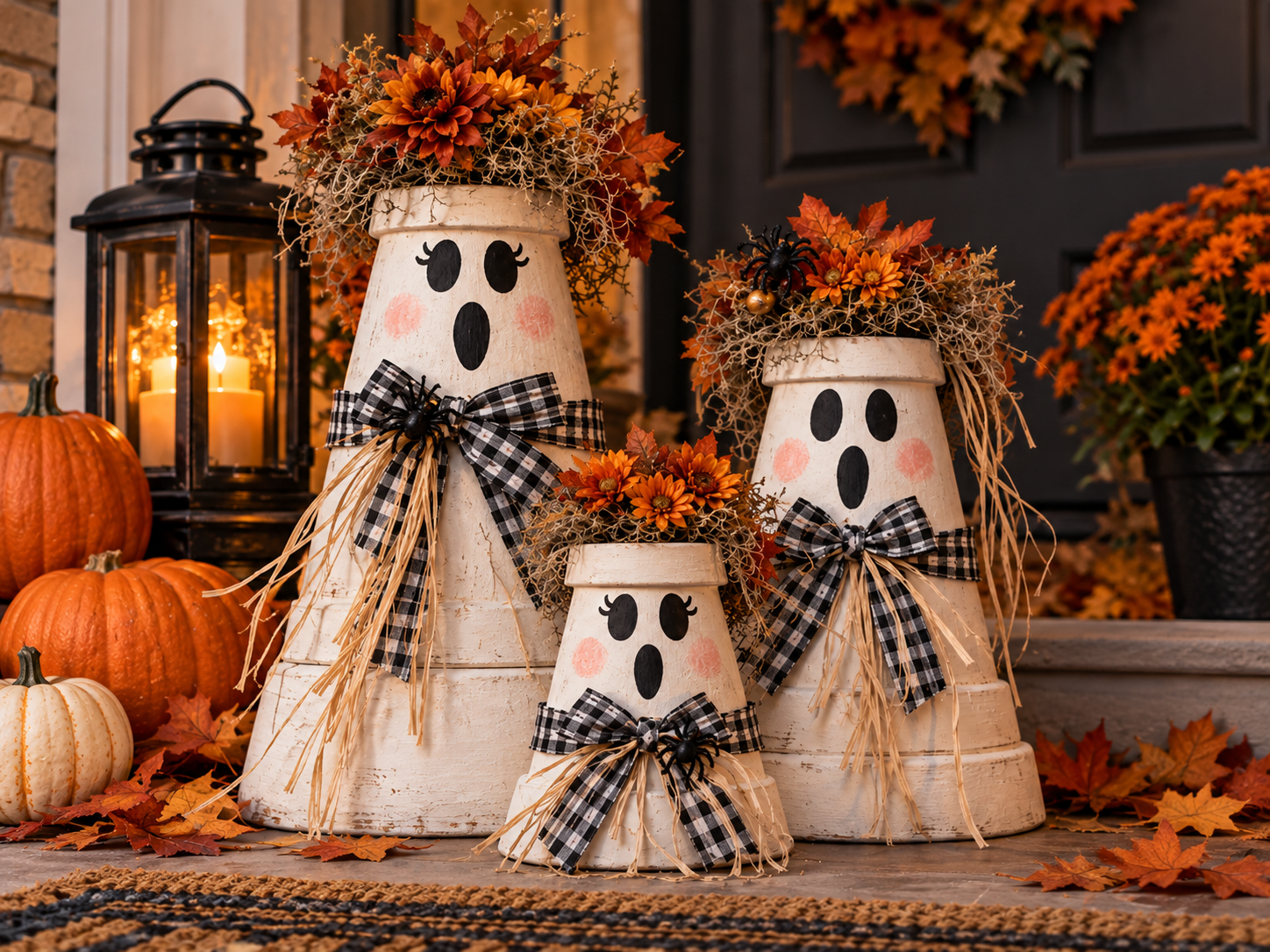 DIY Set of 3 Distressed Terracotta Ghost Pots for Halloween Porch Decor, step 7: Add Accents & Display