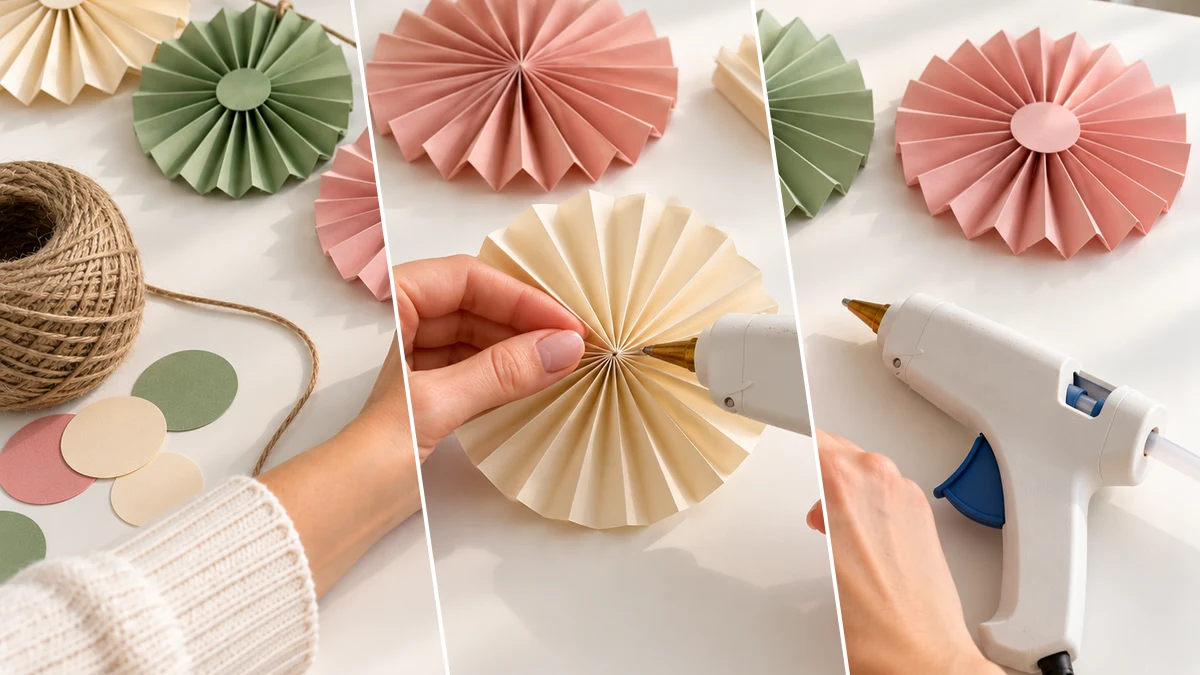 DIY Accordion Fold Paper Rosette Garland for Neutral Everyday Wall Decor, DIY Paper Crafts craft tutorial for General / Everyday
