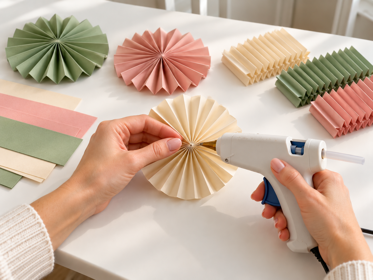 DIY Accordion Fold Paper Rosette Garland for Neutral Everyday Wall Decor, step 3: Form Paper Fans