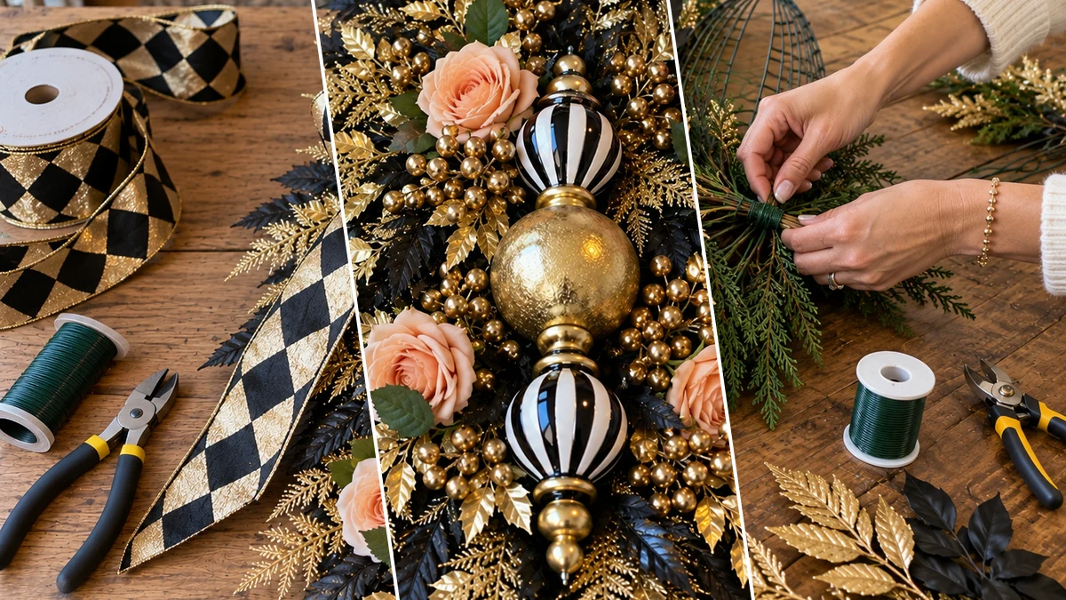 DIY Black and Gold Harlequin Christmas Door Swag, DIY Holiday & Seasonal craft tutorial for Christmas