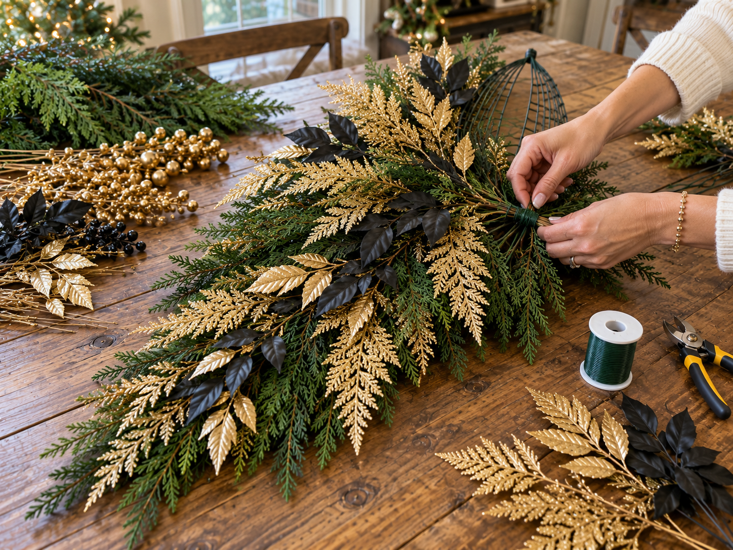 DIY Black and Gold Harlequin Christmas Door Swag, step 1: Build the Greenery Swag Base