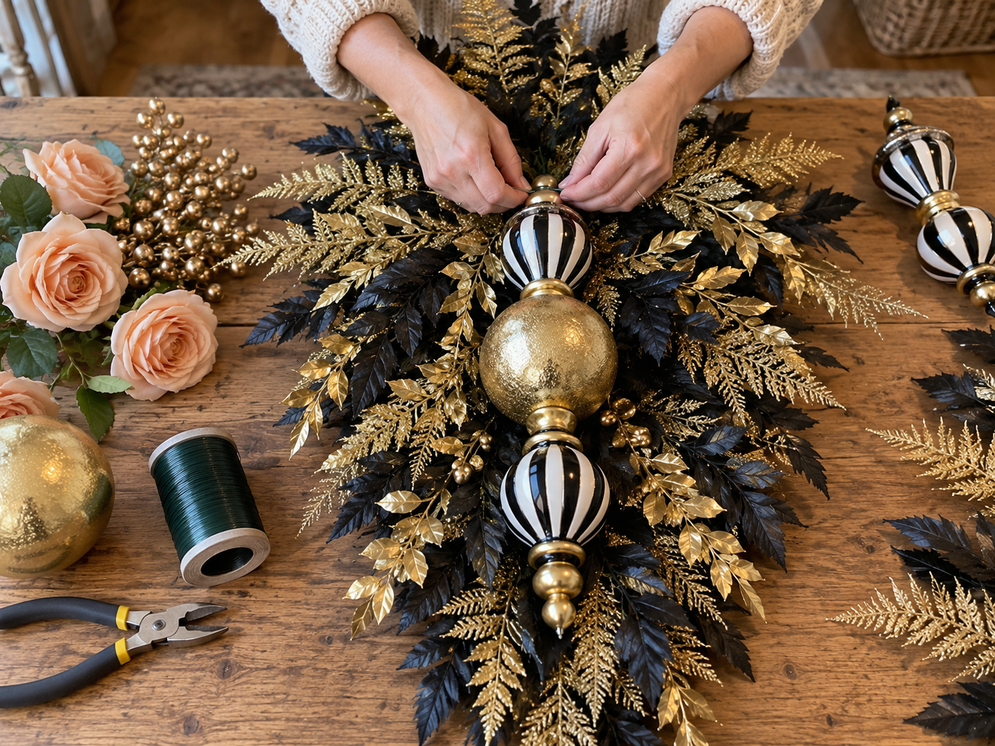 DIY Black and Gold Harlequin Christmas Door Swag, step 2: Attach the Focal Ornaments