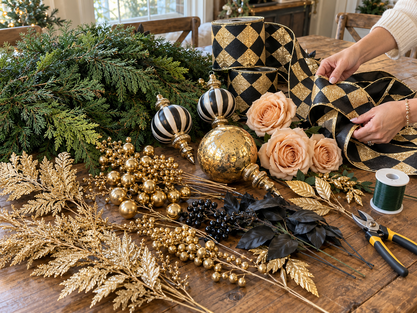DIY Black and Gold Harlequin Christmas Door Swag, step 3: Integrate Decorative Picks