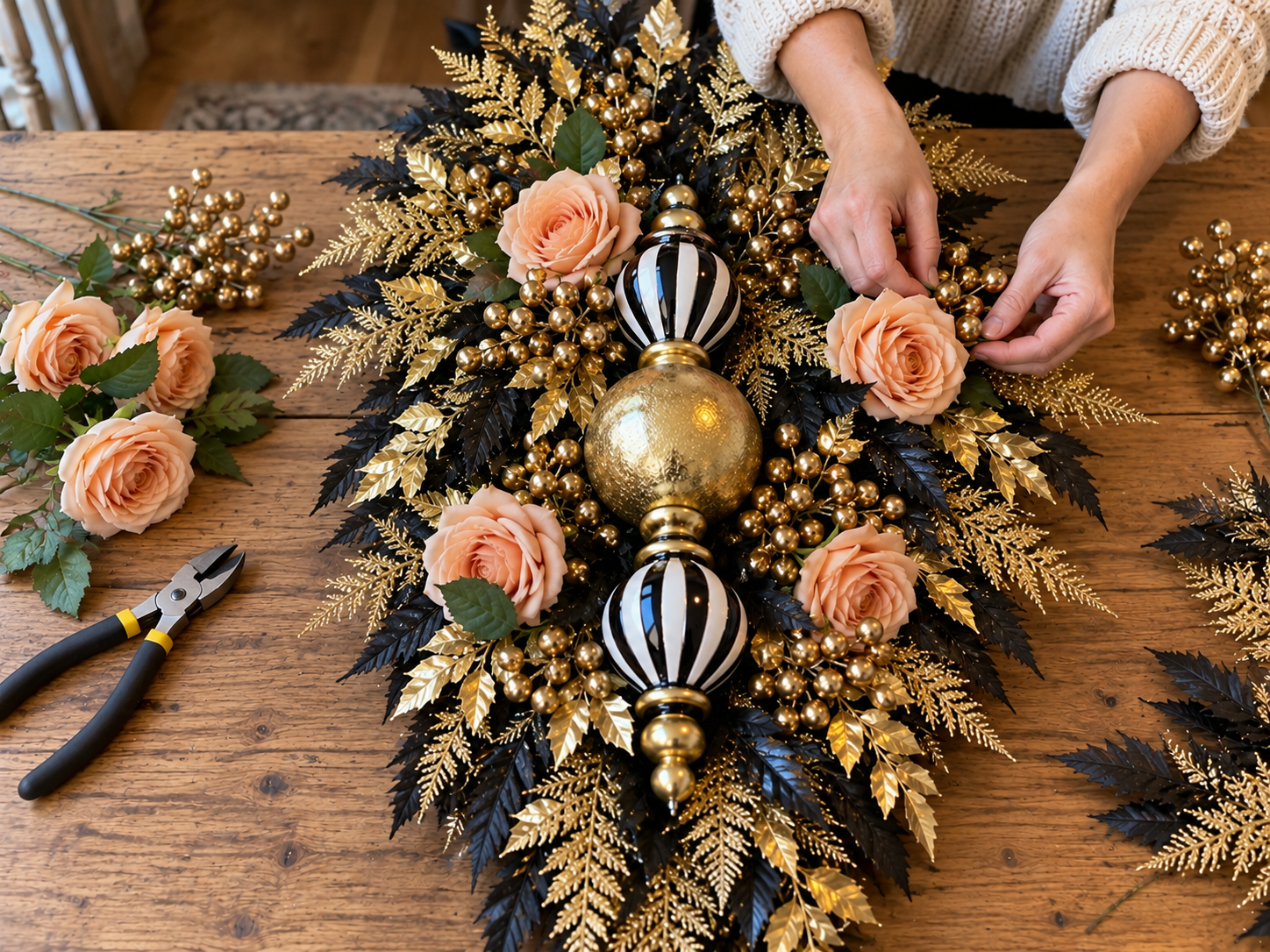 DIY Black and Gold Harlequin Christmas Door Swag, step 4: Place the Faux Roses
