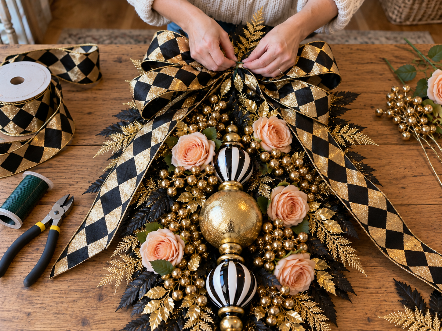 DIY Black and Gold Harlequin Christmas Door Swag, step 5: Craft and Attach the Harlequin Bow
