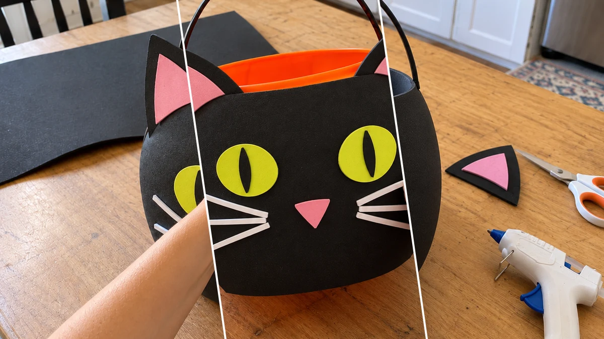 DIY Black Cat Foam Trick-or-Treat Bucket for Halloween Candy, DIY Holiday & Seasonal craft tutorial for Halloween