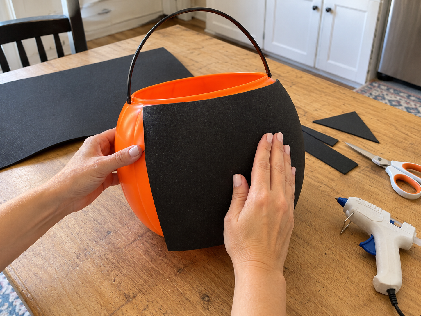 DIY Black Cat Foam Trick-or-Treat Bucket for Halloween Candy, step 1: Cover the Pumpkin Pail