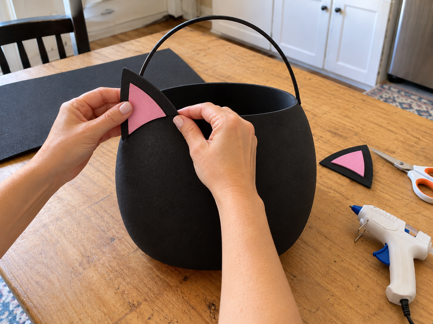 DIY Black Cat Foam Trick-or-Treat Bucket for Halloween Candy, step 2: Create and Attach the Ears