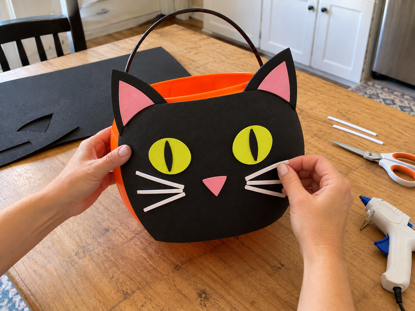 DIY Black Cat Foam Trick-or-Treat Bucket for Halloween Candy, step 4: Craft the Nose and Whiskers