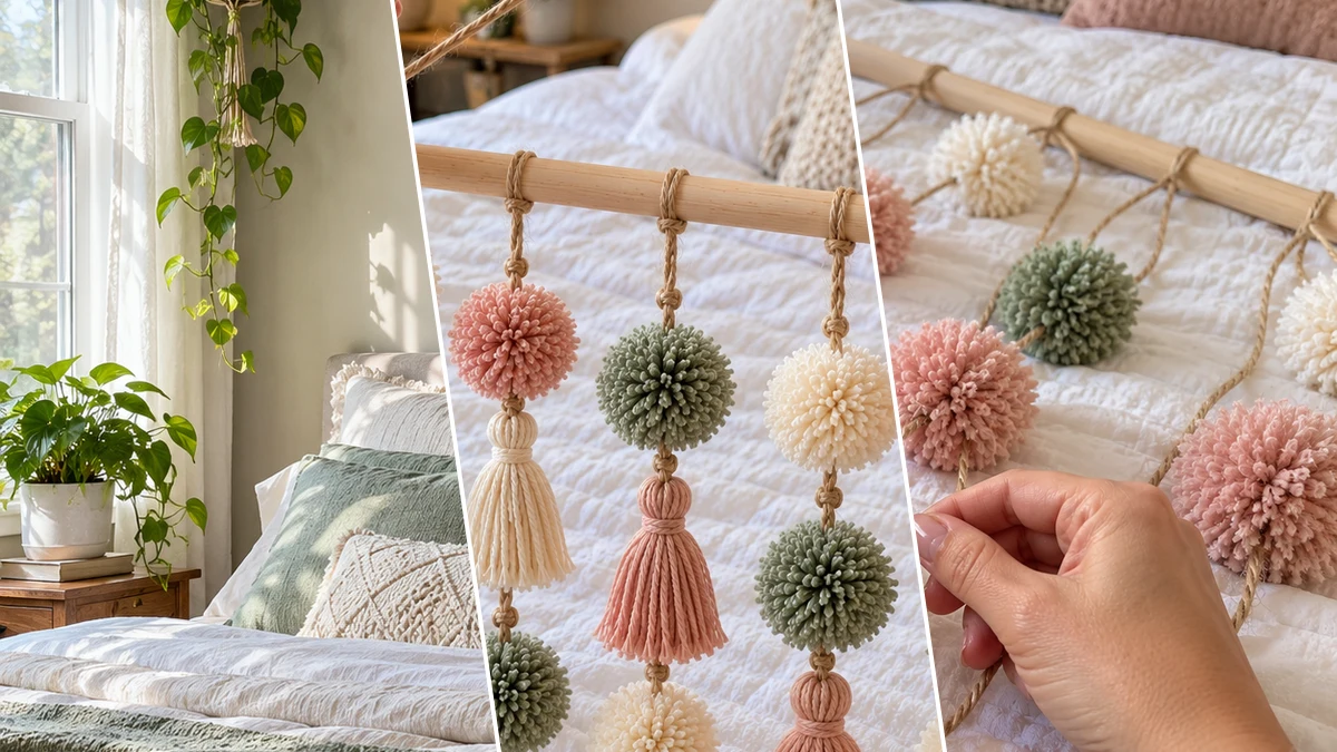 DIY Boho Yarn Pom-Pom Wall Hanging for a Cozy Bedroom or Living Space, DIY Home Decor craft tutorial for Farmhouse / Rustic