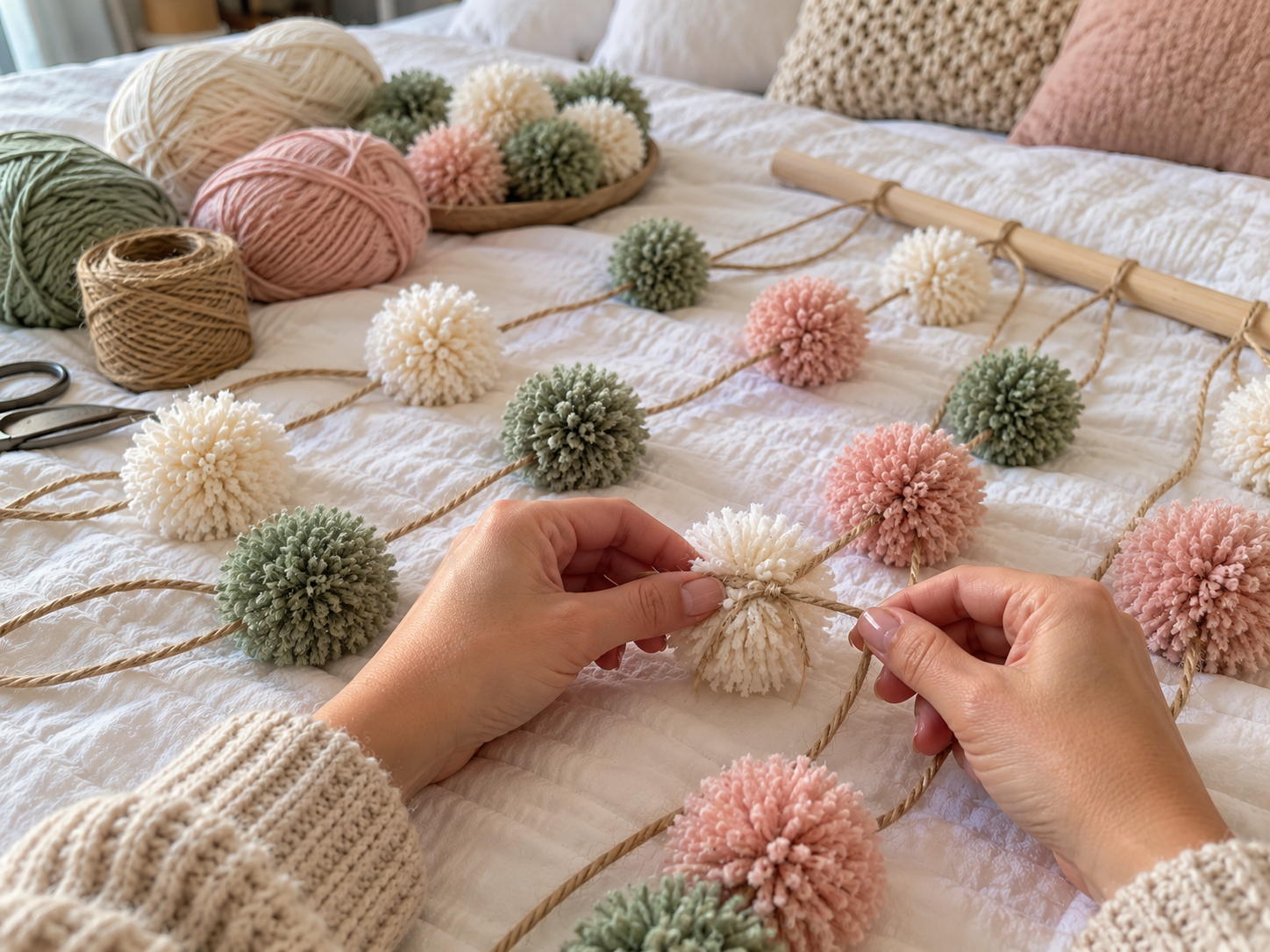 DIY Boho Yarn Pom-Pom Wall Hanging for a Cozy Bedroom or Living Space, step 2: Cut and Prepare Twine Strands