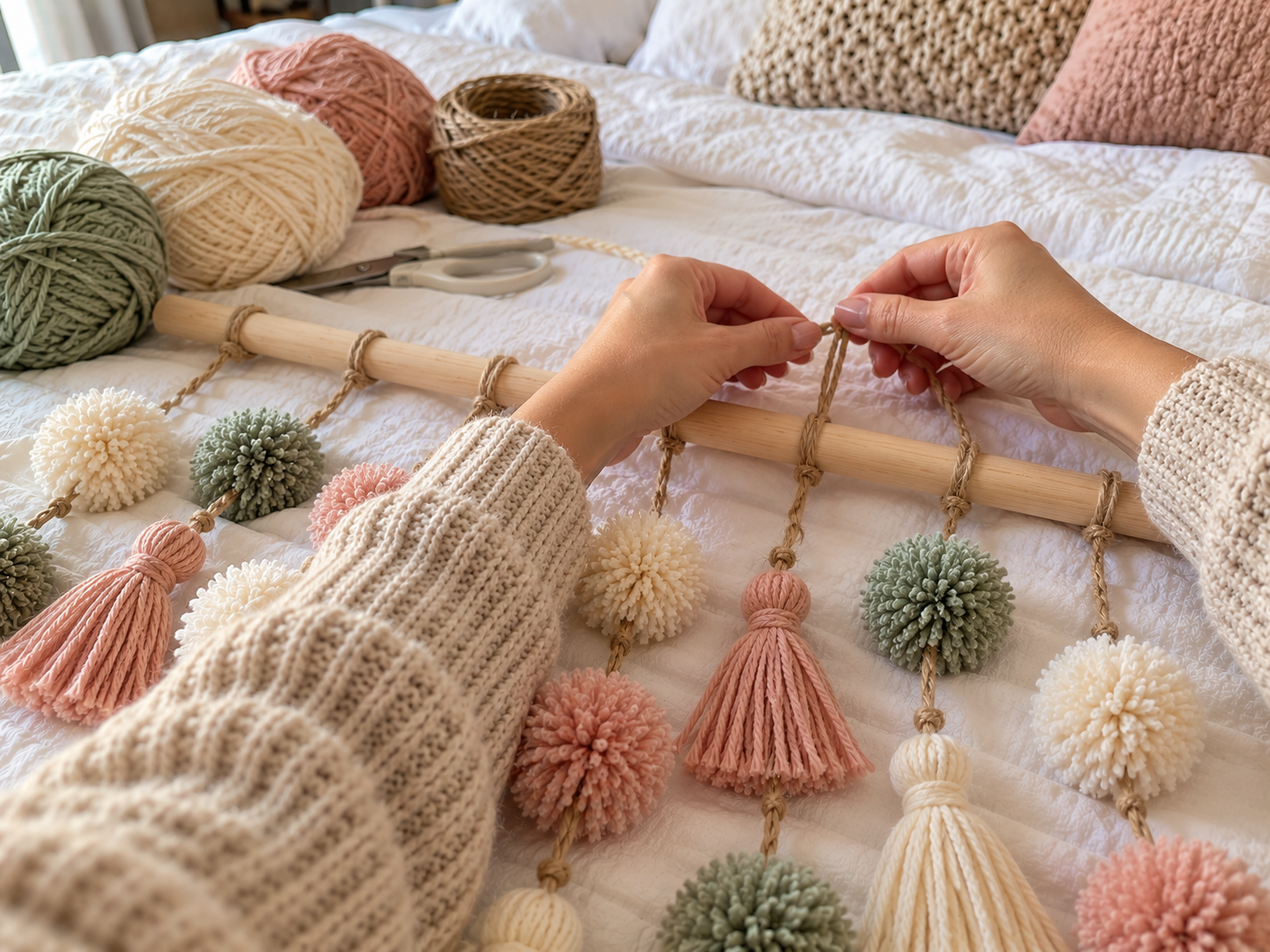 DIY Boho Yarn Pom-Pom Wall Hanging for a Cozy Bedroom or Living Space, step 3: Arrange and Attach Yarn Elements