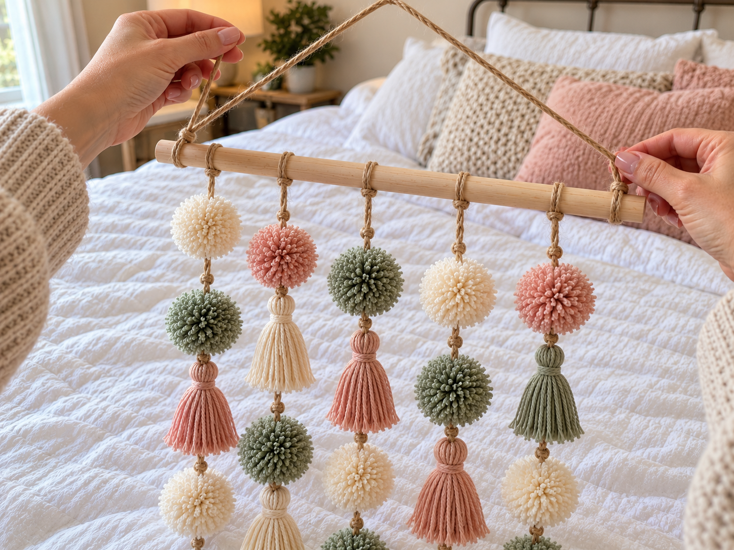 DIY Boho Yarn Pom-Pom Wall Hanging for a Cozy Bedroom or Living Space, step 4: Secure Strands to Dowel and Add Hanging Loop