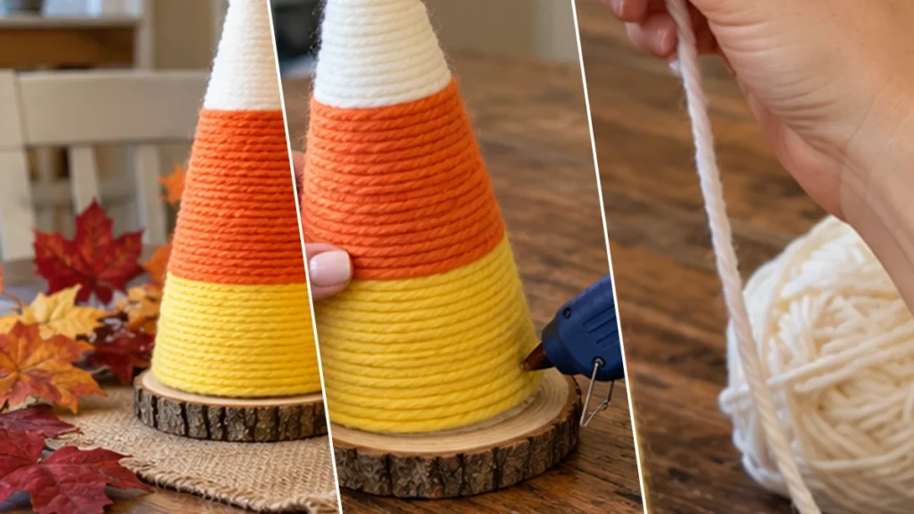 DIY Candy Corn Yarn Cone Trees for Fall and Thanksgiving Table Decor