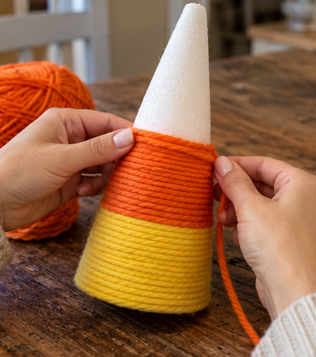 DIY Candy Corn Yarn Cone Trees for Fall and Thanksgiving Table Decor, step 2: Create the Yellow Yarn Fringe Base