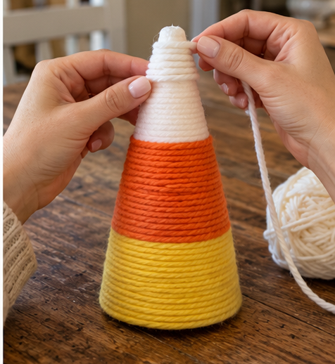 DIY Candy Corn Yarn Cone Trees for Fall and Thanksgiving Table Decor, step 3: Apply Orange Yarn Middle Section