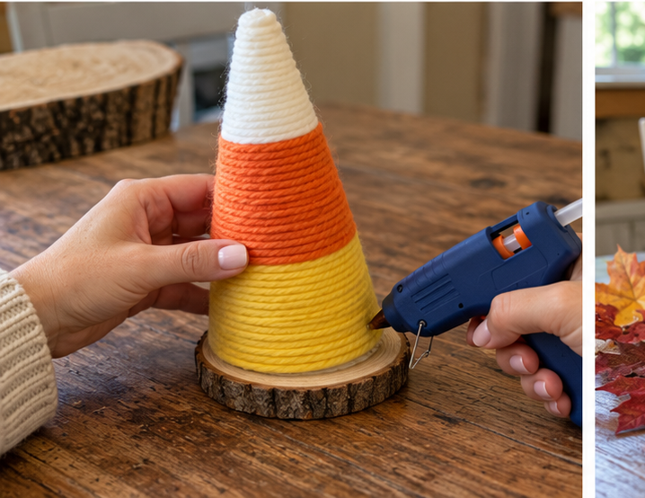 DIY Candy Corn Yarn Cone Trees for Fall and Thanksgiving Table Decor, step 4: Complete with White Yarn Fringe