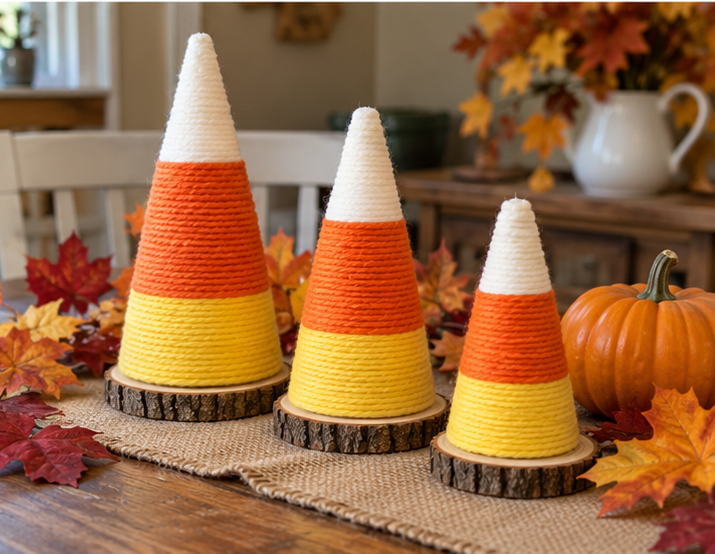 DIY Candy Corn Yarn Cone Trees for Fall and Thanksgiving Table Decor, step 5: Secure Cones and Arrange Display