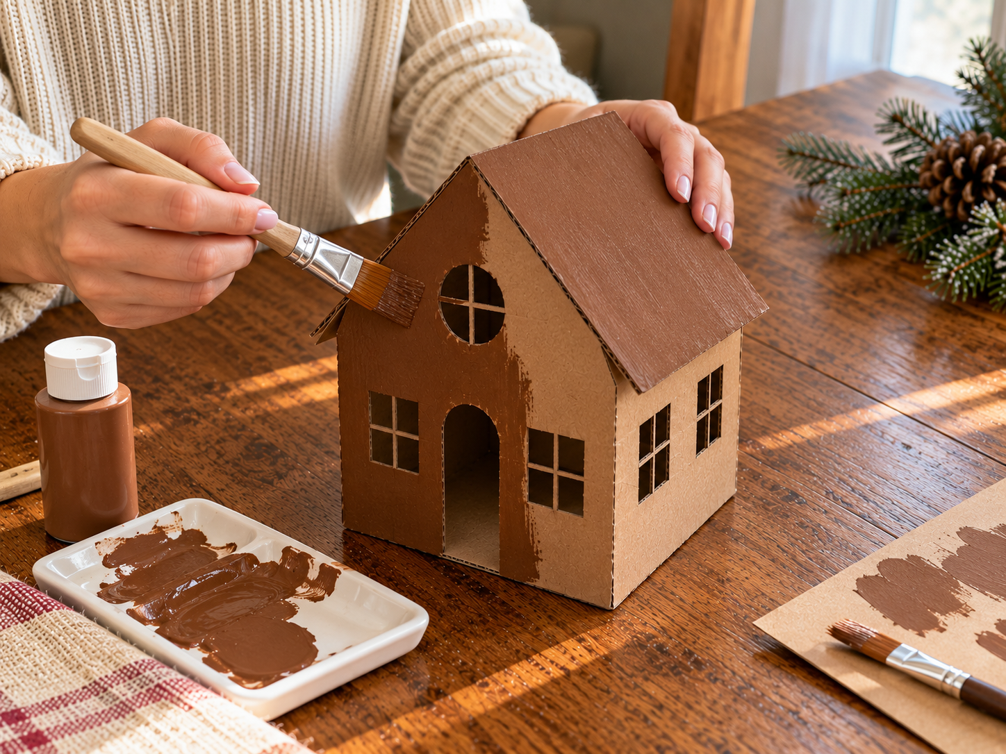 DIY Cardboard Gingerbread House Luminary for Christmas Tabletop Decor, step 3: Paint the Gingerbread Base