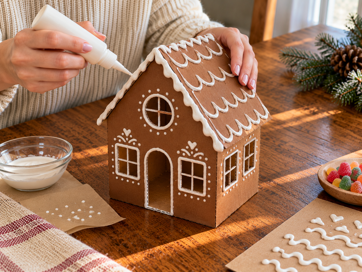 DIY Cardboard Gingerbread House Luminary for Christmas Tabletop Decor, step 4: Pipe White Icing Details