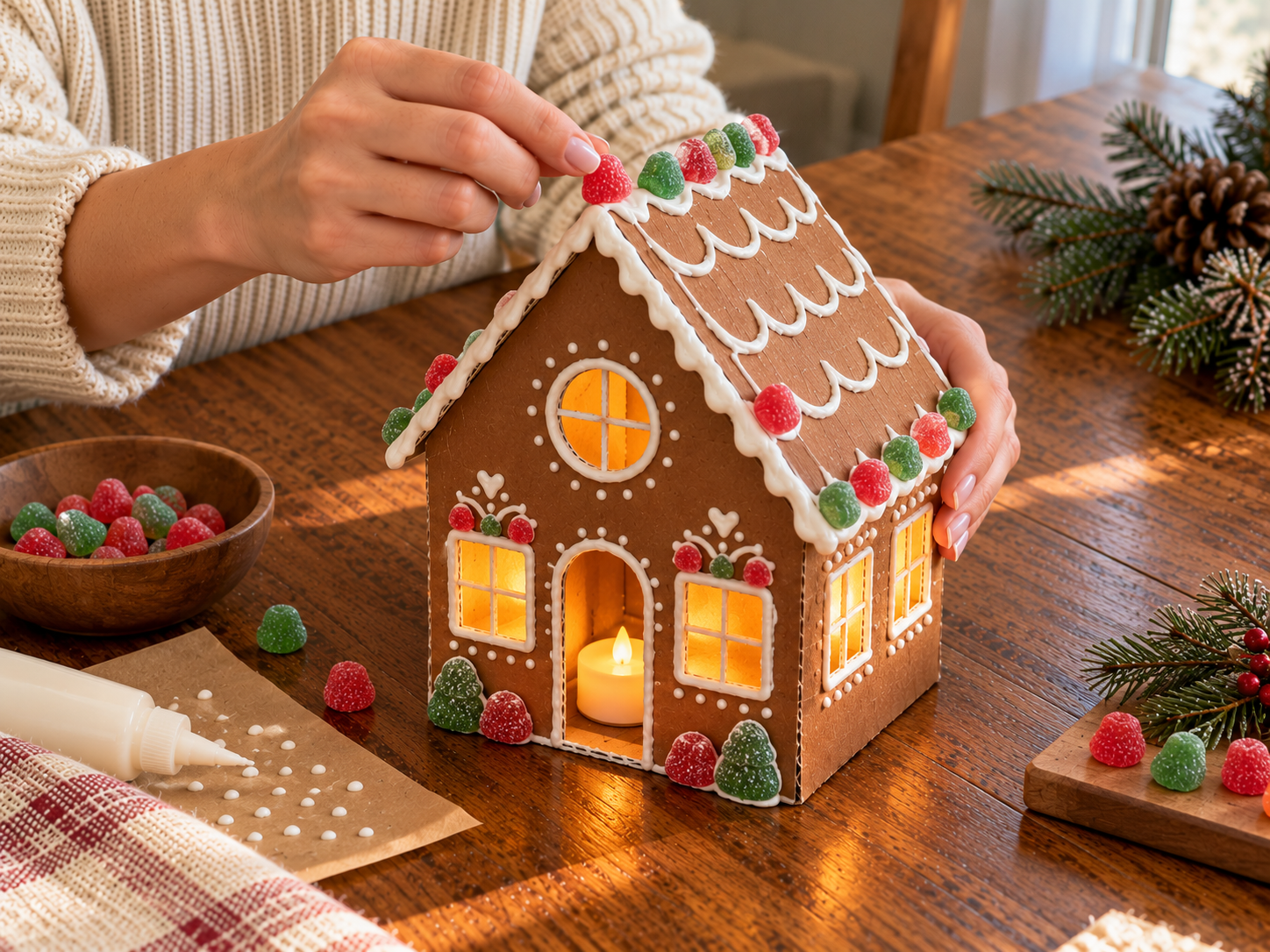 DIY Cardboard Gingerbread House Luminary for Christmas Tabletop Decor, step 5: Decorate and Illuminate