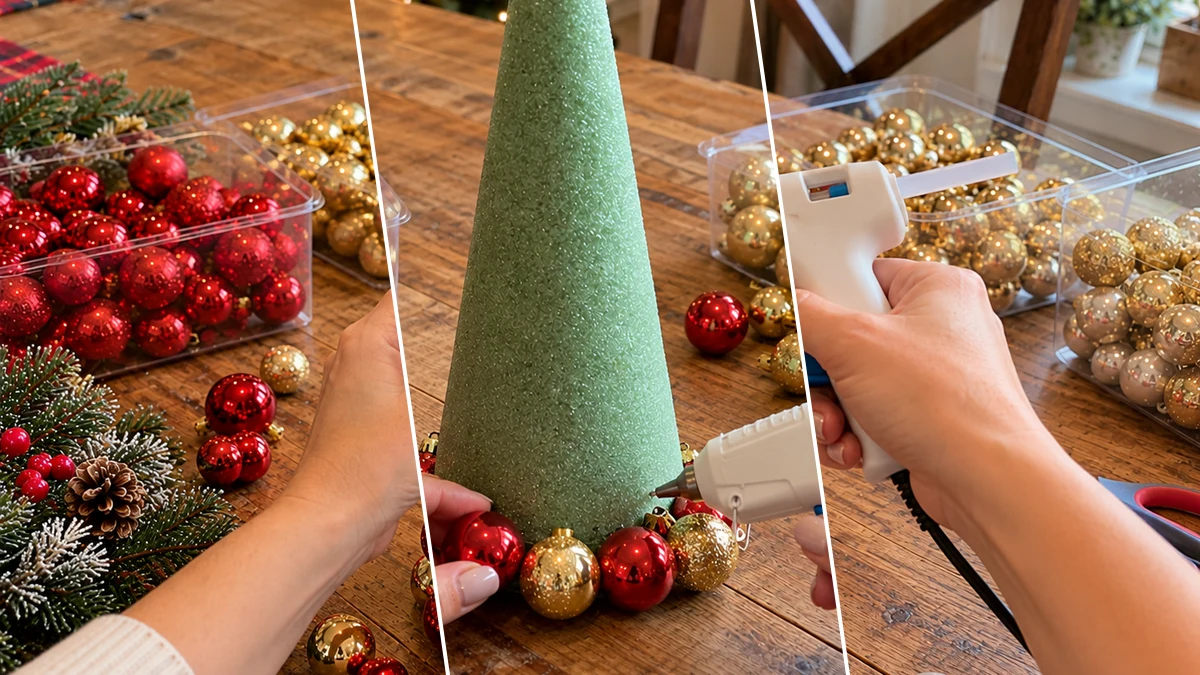 DIY Christmas Ornament Cone Tree Centerpiece with Mini Ornaments, DIY Holiday & Seasonal craft tutorial for Christmas