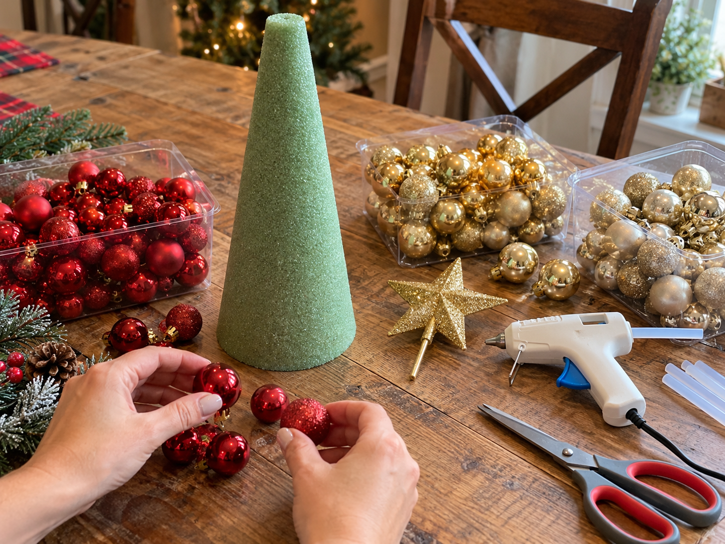 DIY Christmas Ornament Cone Tree Centerpiece with Mini Ornaments, step 1: Gather Supplies & Prep Surface
