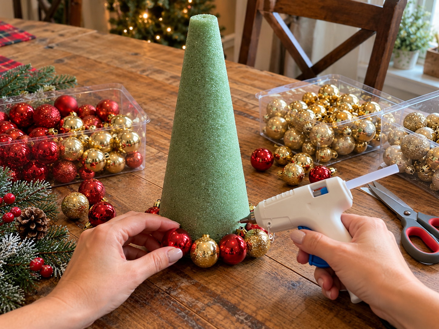 DIY Christmas Ornament Cone Tree Centerpiece with Mini Ornaments, step 2: Start the First Ornament Row