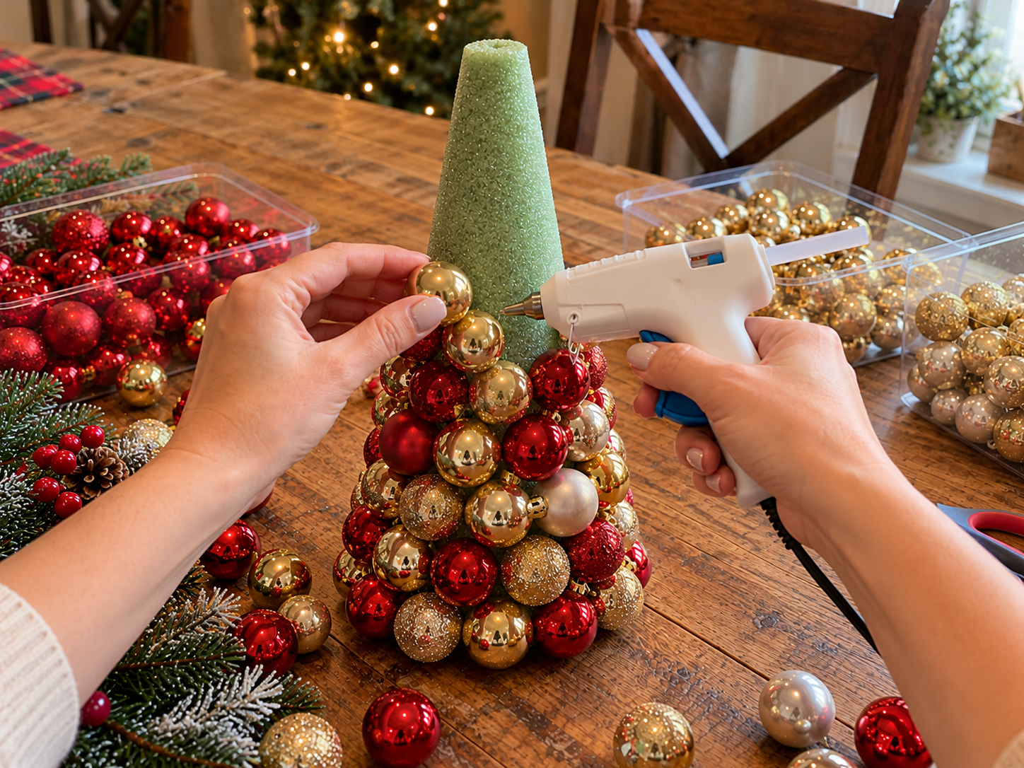 DIY Christmas Ornament Cone Tree Centerpiece with Mini Ornaments, step 3: Continue Gluing Rows Upwards