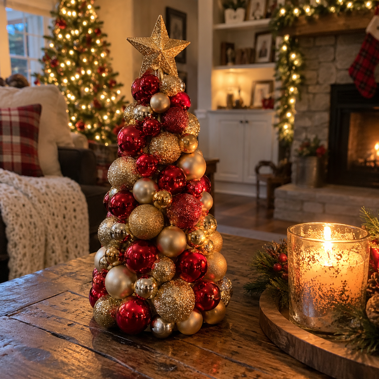 DIY Christmas Ornament Cone Tree Centerpiece with Mini Ornaments, step 4: Finish Top Rows & Fill Gaps