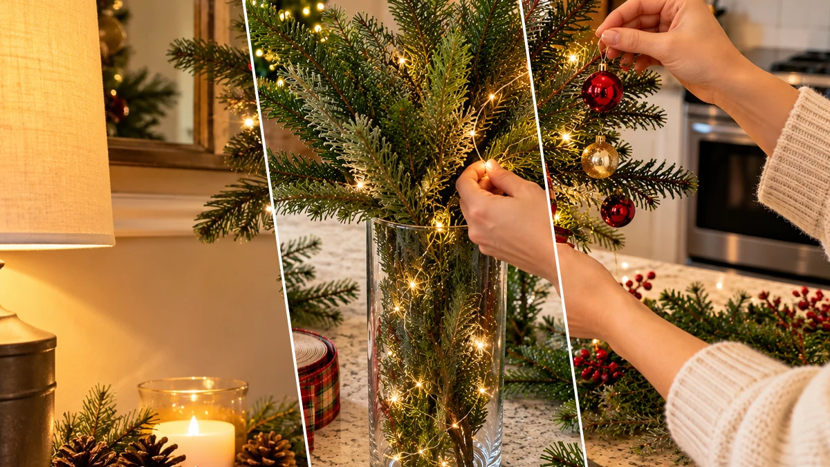 DIY Christmas Tabletop Tree in a Glass Vase with Faux Evergreens & Lights, DIY Holiday & Seasonal craft tutorial for Christmas