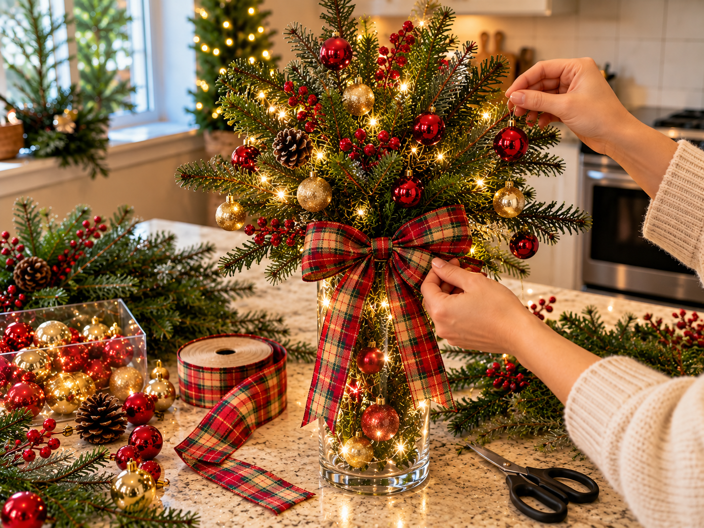 DIY Christmas Tabletop Tree in a Glass Vase with Faux Evergreens & Lights, step 3: Incorporate Christmas Ornaments