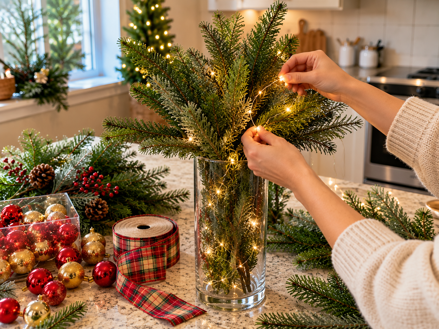 DIY Christmas Tabletop Tree in a Glass Vase with Faux Evergreens & Lights, step 4: Build the Upper Evergreen Structure