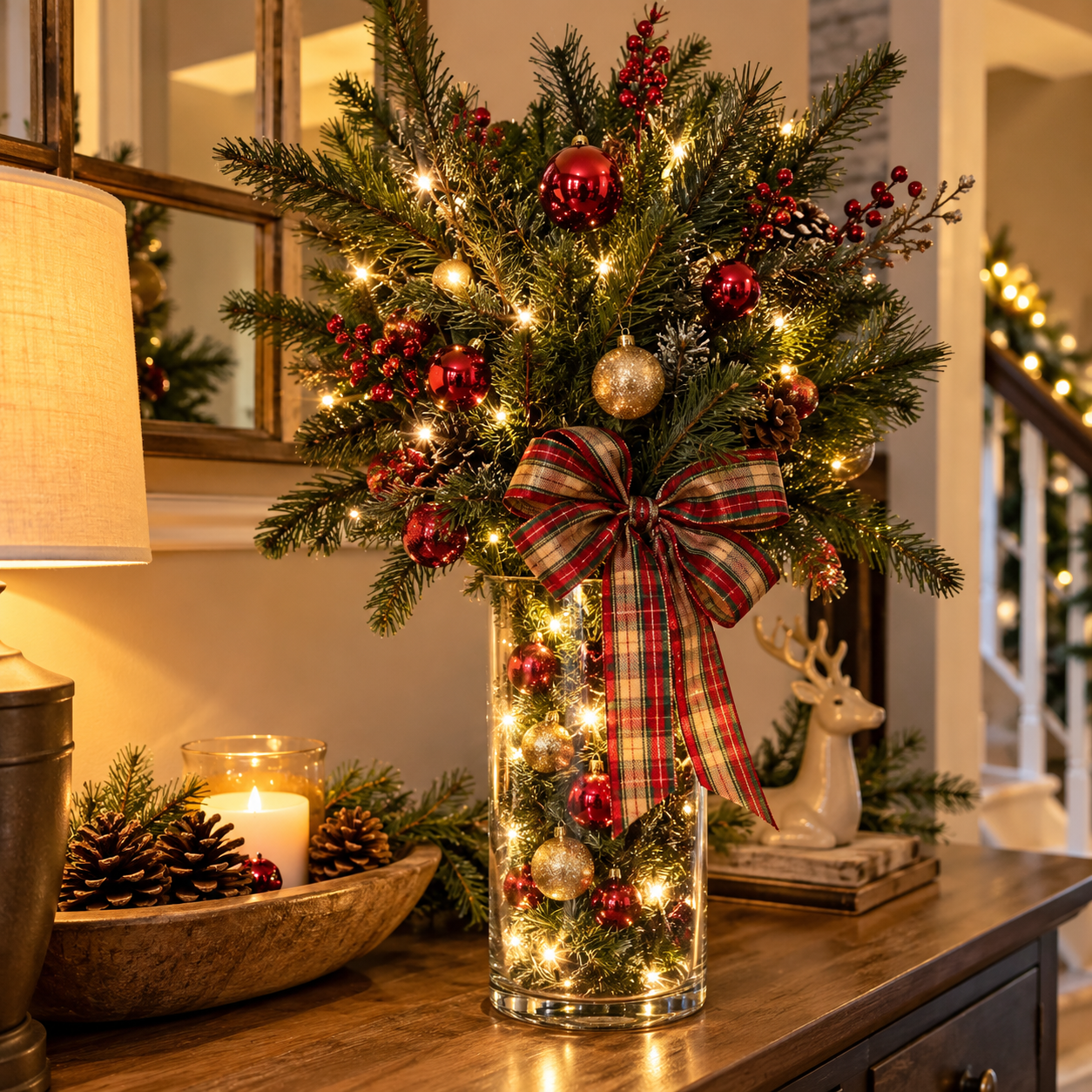 DIY Christmas Tabletop Tree in a Glass Vase with Faux Evergreens & Lights, step 5: Add the Festive Ribbon Bow