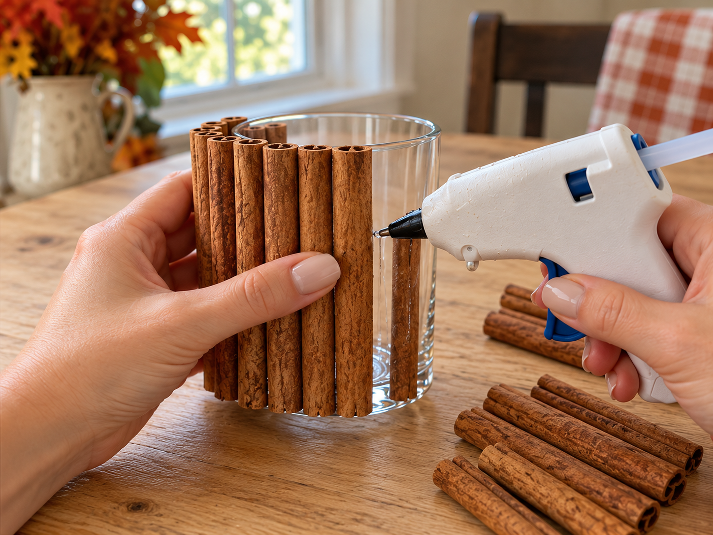 DIY Cinnamon Stick Candle Holders for Fall Tablescapes & Thanksgiving Decor, step 2: Adhere the Cinnamon Sticks