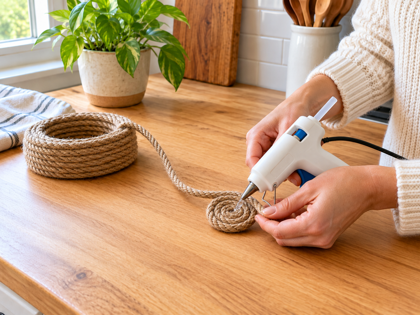 DIY Coiled Jute Rope Coasters for Rustic Farmhouse Decor, step 1: Prepare Supplies & Start the Coil