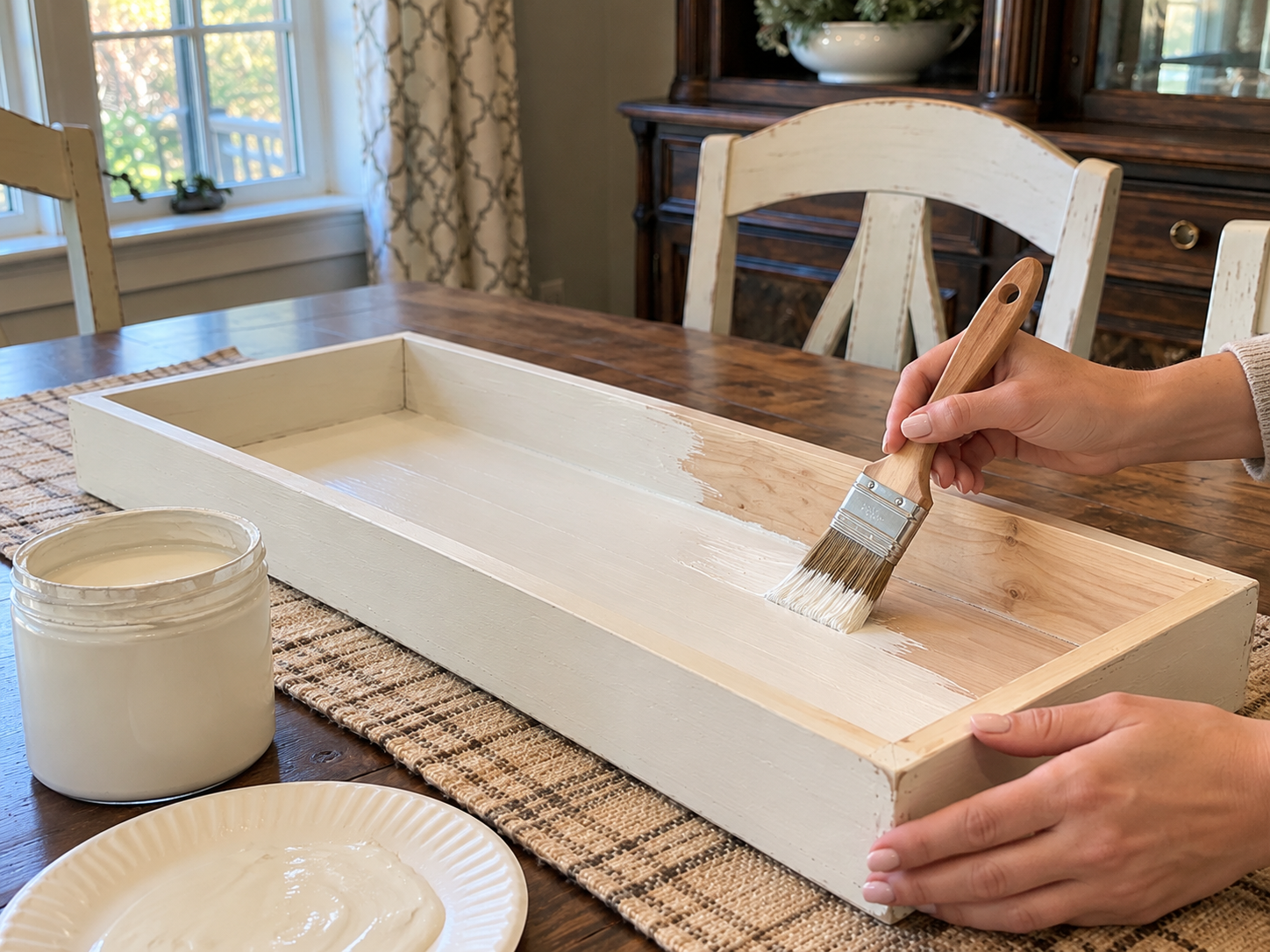 DIY Distressed Wooden Tray Fall Centerpiece for a Thanksgiving Table, step 1: Paint the Wooden Tray