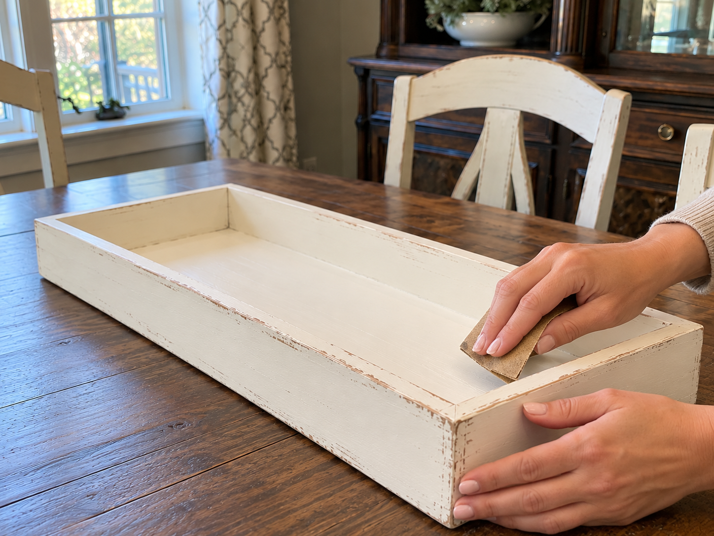 DIY Distressed Wooden Tray Fall Centerpiece for a Thanksgiving Table, step 2: Distress the Tray Edges