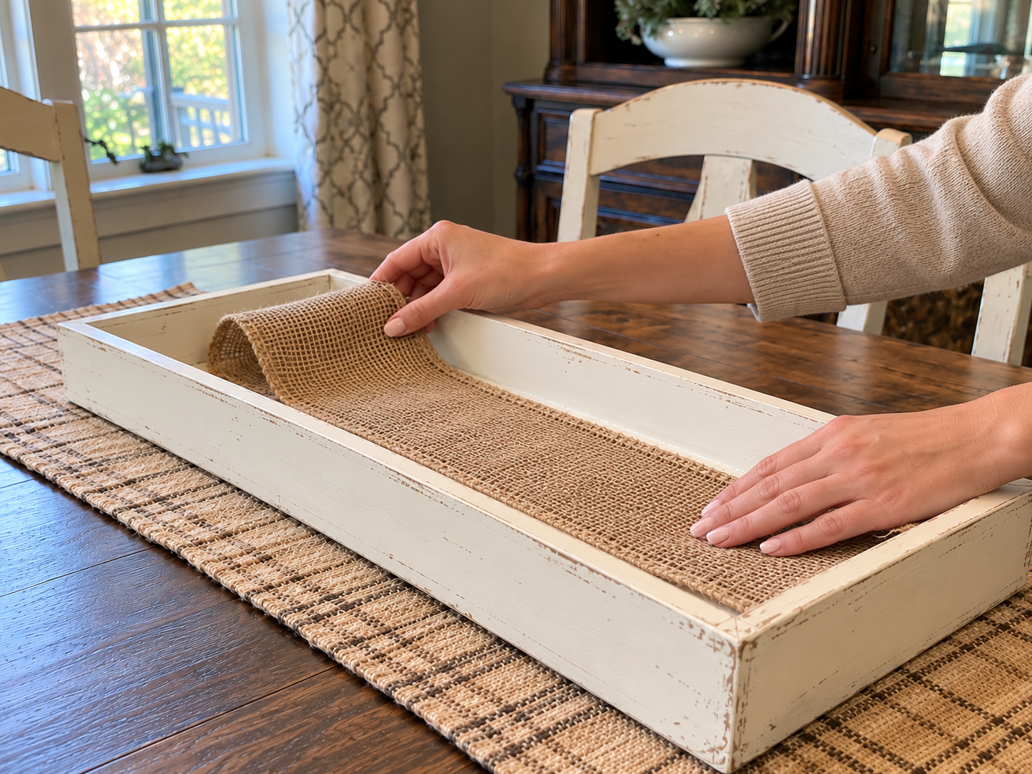 DIY Distressed Wooden Tray Fall Centerpiece for a Thanksgiving Table, step 3: Place the Burlap Runner