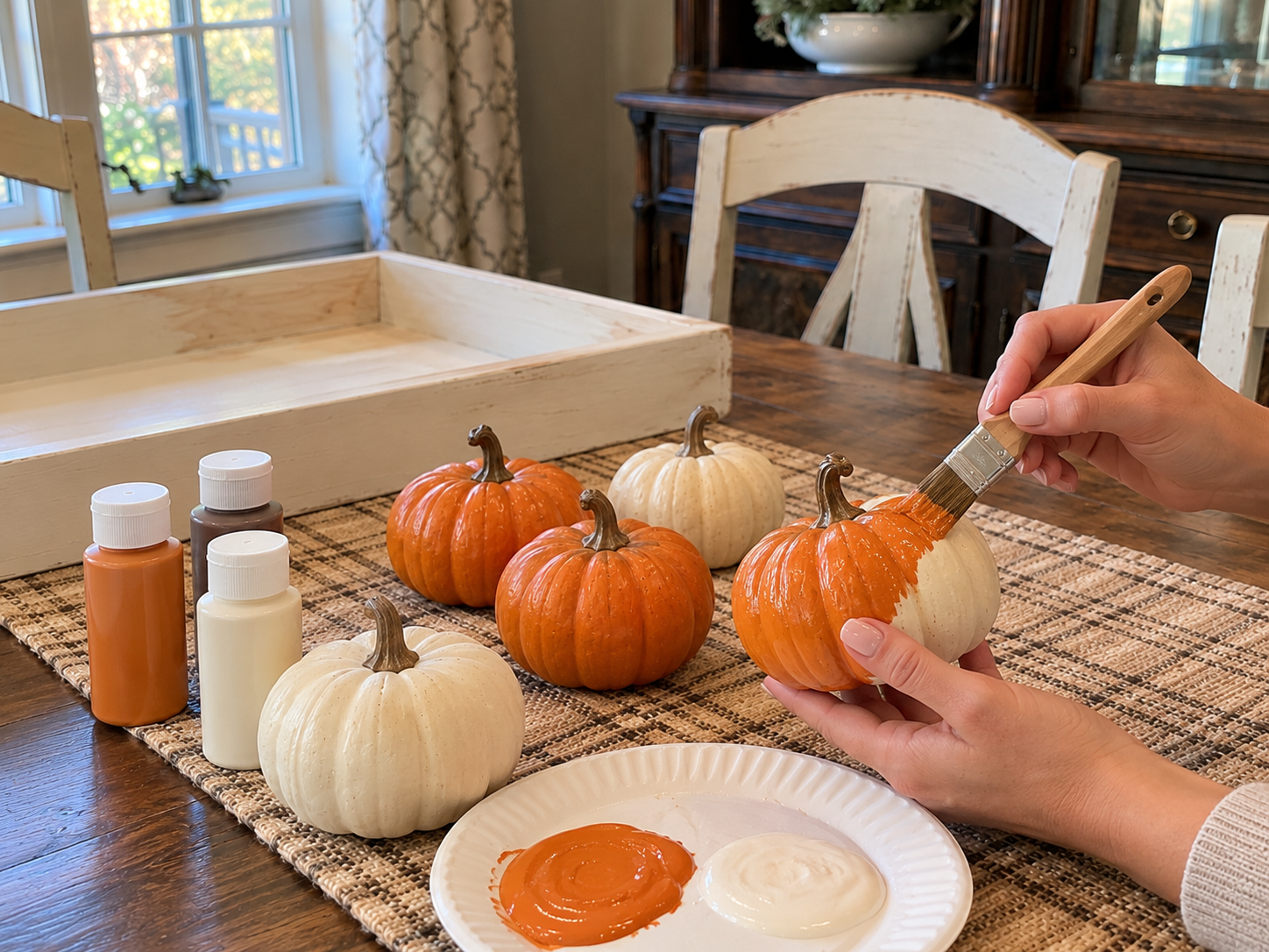 DIY Distressed Wooden Tray Fall Centerpiece for a Thanksgiving Table, step 4: Paint Foam Pumpkins