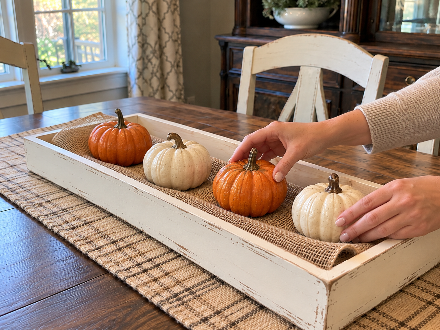 DIY Distressed Wooden Tray Fall Centerpiece for a Thanksgiving Table, step 5: Arrange Pumpkins on Burlap